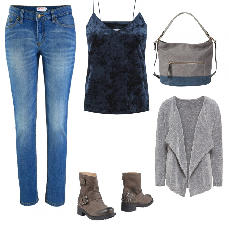 Outfit donna - Urban #7015. Stile Urban per Tutti i giorni. Abbinamento con jeans skinny, cardigan melange collo aperto in ciniglia nero, borse a mano, stivaletti con suola carrarmata e borchie con tacco squadrato e cinturino interno in pelle con punta tonda in nabuk tinta unita, top.