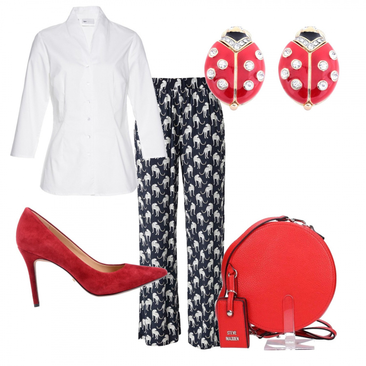 Outfit donna - Coccinella portafortuna. Stile Basic per Tutti i giorni. Abbinamento con camicie, décolleté effetto scamosciato a punta tinta unita, orecchini con strass a clip oro e argento, borsa a tracolla rosso, pantalone navy.