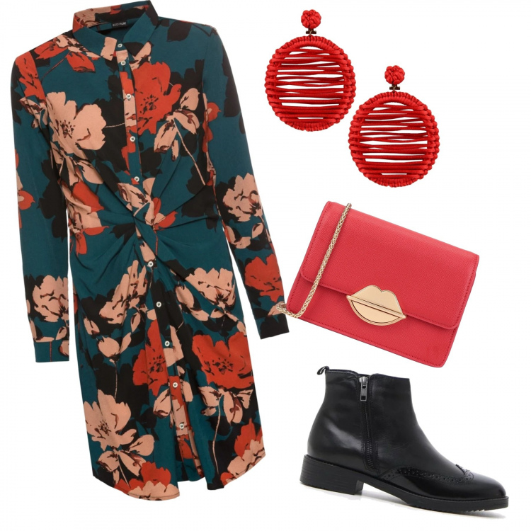 Outfit donna - Fiori forever. Stile Basic per Tutti i giorni. Abbinamento con orecchini, borsa a tracolla petit a scatto interno foderato tinta unita, vestiti, stivaletti.
