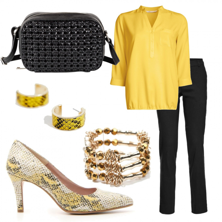 Outfit donna - Le scarpe che fanno la differenza. Stile Trendy per Serata fuori. Abbinamento con pantaloni, borsa a tracolla con zip nero, camicetta con scollo aderente giallo, bracciale, décolleté, orecchini motivo serpente oro.