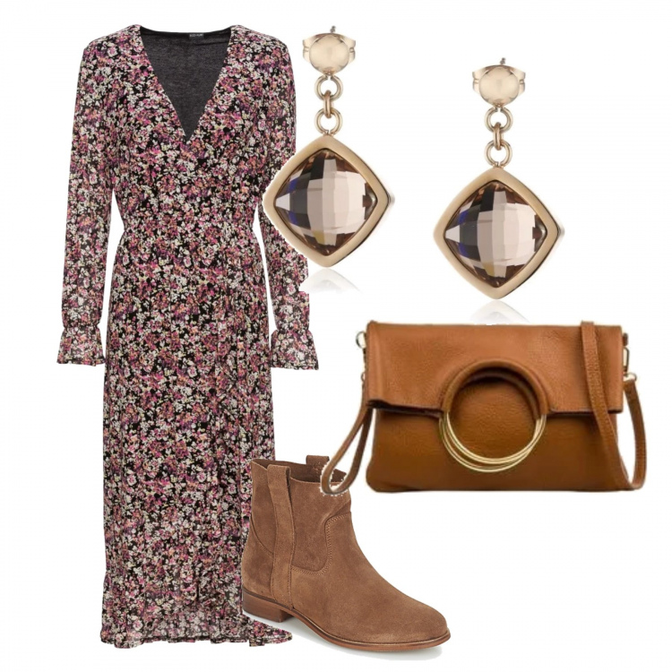 Outfit donna - Basic #14054. Stile Basic per Tutti i giorni. Abbinamento con vestiti lunghi, stivaletti, borsa a tracolla made italy tinta unita, orecchini.