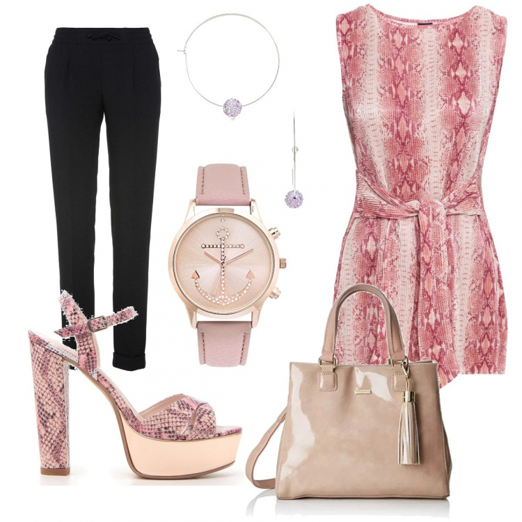 Outfit donna - Pitone rosa. Stile Bon Ton per Serata fuori. Abbinamento con pantaloni, vestiti lunghi, reggiseni, borsa rosa, sandali, orecchini petite a scatto argento e viola.
