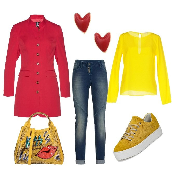 Outfit donna - Multivitaminico e colorato. Stile Trendy per Tutti i giorni. Abbinamento con jeans boyfriend, blazer, borsa a mano con stampa in pelle martellata taglia media doppio manico tinta unita, bluse, orecchini, scarpe giallo.