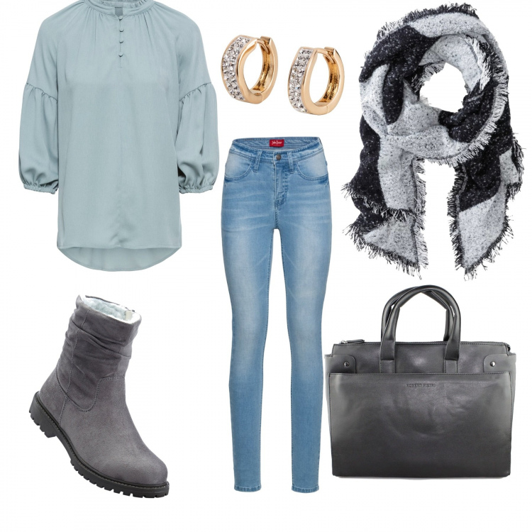 Outfit donna - Casual daily outfit. Stile Trendy per Tutti i giorni. Abbinamento con sciarpe, stivaletti, vestiti lunghi, blusa, jeans skinny blu, valigetta.