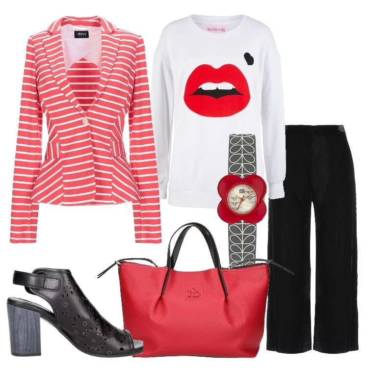 Outfit donna - Un look comodo in ufficio. Stile Basic per Ufficio. Abbinamento con pantaloni a palazzo, pantalone a sigaretta con zip in velluto tinta unita, giacca a righe collo con revers a maniche lunghe interno sfoderato jersey, sandali, borsetta rosso, orologio analogico.