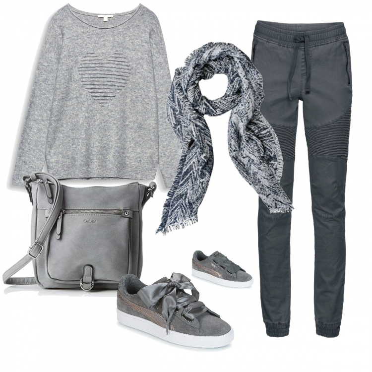 Outfit donna - Felpa col cuore. Stile Basic per Tutti i giorni. Abbinamento con pantaloni sportivi, scarpe con cuore effetto scamosciato grigio, felpe, borse a tracolla, sciarpa jacquard blu.