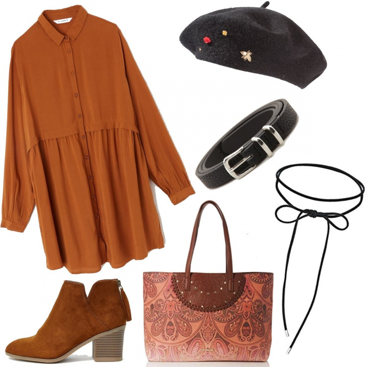 Outfit donna - Ho fatto un po\' di shopping da Terranova. Stile Trendy per Tutti i giorni. Abbinamento con cappelli e berretti, vestito mini, cintura con fibbia in ecopelle nero, stivaletti, collane, borsa a spalla in pelle marrone.