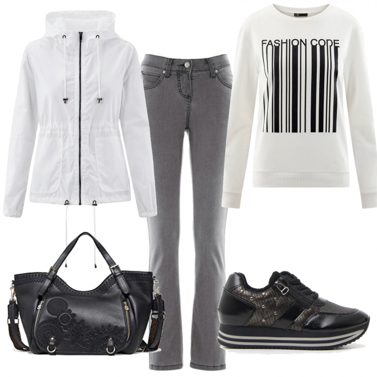 Outfit donna - In caso di pioggia e vento. Stile Urban per Tutti i giorni. Abbinamento con jeans slim fit, giacca con cappuccio e coulisse aderente bianco, sneakers, felpe, borsa a spalla nero.