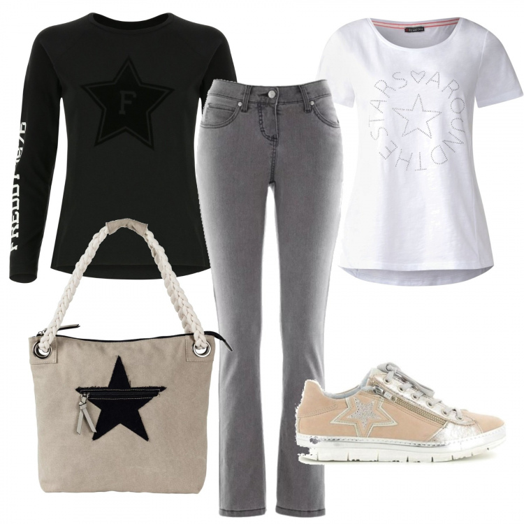 Outfit donna - Le stelle sono tante.... Stile Basic per Scuola/Università. Abbinamento con jeans slim fit, t-shirt, scarpe rosa, felpa, t-shirt.