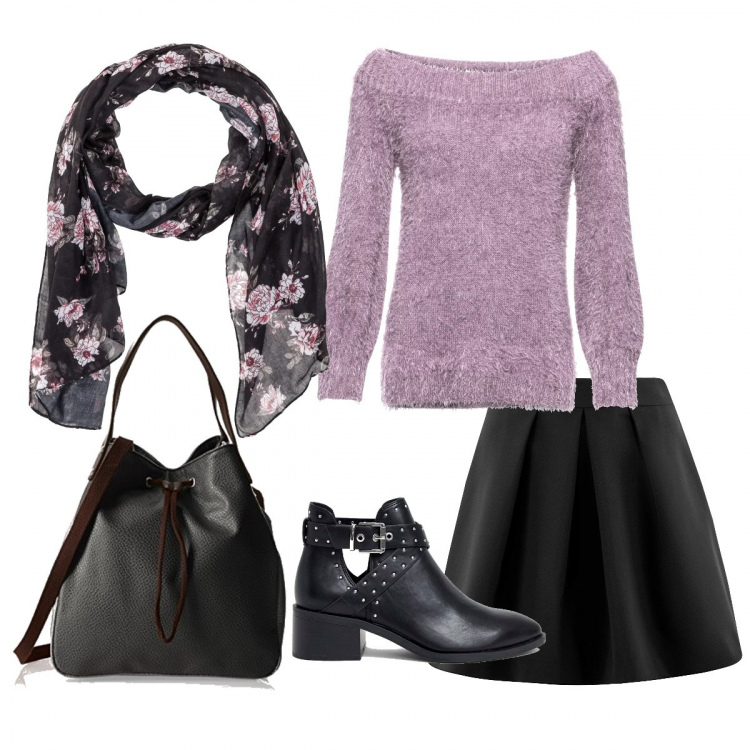 Outfit donna - Fiori rosa.... Stile Basic per Tutti i giorni. Abbinamento con reggiseni, maglione con spalle scoperte filato, gonna forma svasata con pieghe nero, stivaletti con borchie e fibbia nero, borsa a mano nero.
