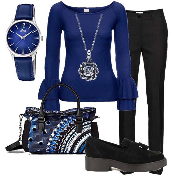 Outfit donna - Nero & blu in ufficio. Stile Bon Ton per Ufficio. Abbinamento con pantaloni, maglione, scarpe nero, collana con ciondolo effetto lucido argento, borse a mano, orologio analogico argento.
