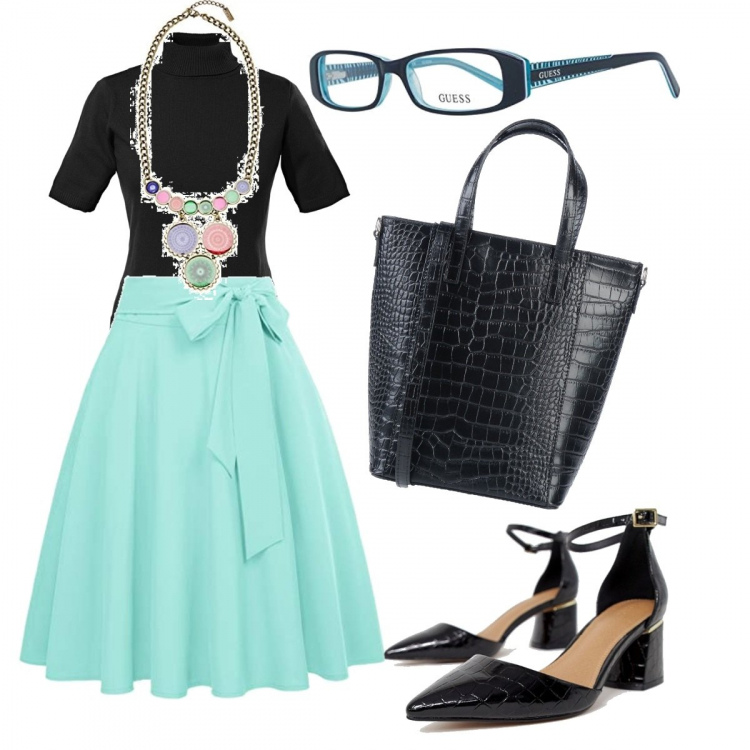 Outfit donna - Bon Ton, sempre lavoro. Stile Bon Ton per Ufficio. Abbinamento con borsa a mano con stampa taglia media con zip interno foderato tinta unita, maglieria, gonna al ginocchio con cintura tinta unita, scarpe petite da ginnastica a punta nero, collane, occhiali.
