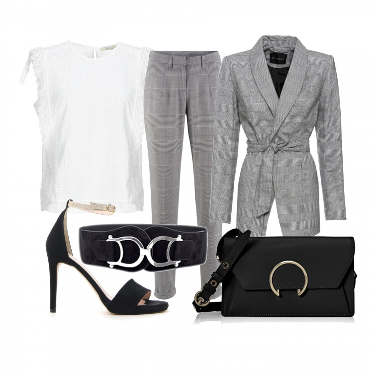 Outfit donna - Un tailleur non tailleur. Stile Chic per Ufficio. Abbinamento con cinture, blazer con cintura nero, pantaloni, top, shopping bag con fibbia nero, sandali.