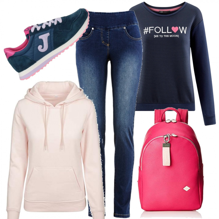 Outfit donna - Confort a strati. Stile Basic per Scuola/Università. Abbinamento con jeans, sneakers, felpa con cappuccio, maglione aderente blu, zaini.