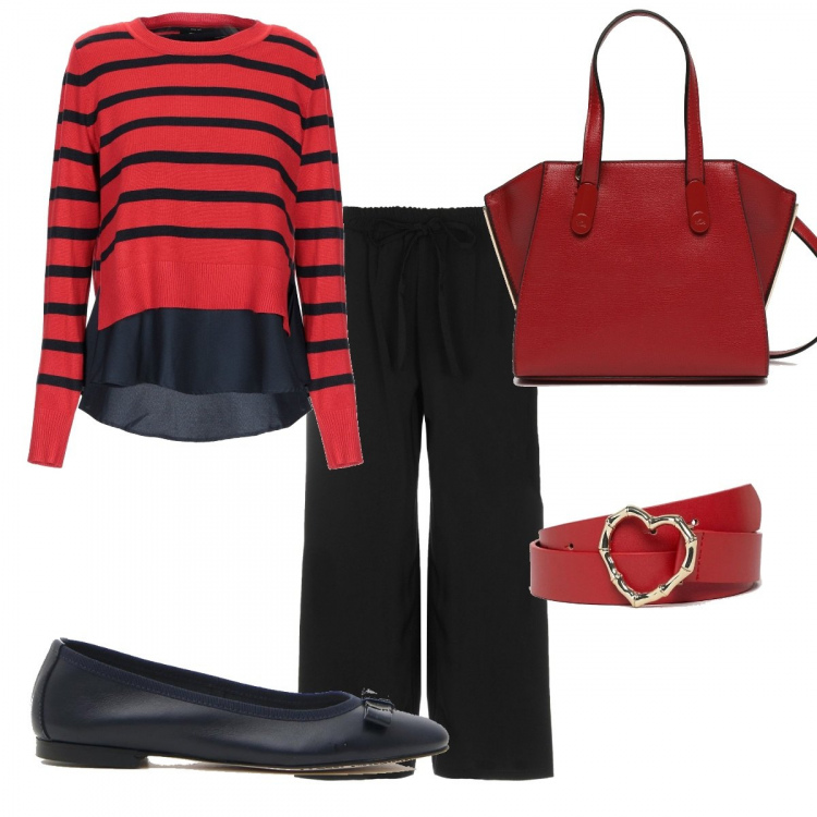 Outfit donna - Settembre in offerta!!!. Stile Basic per Tutti i giorni. Abbinamento con pullover a righe lavorato a maglia collo tondo a maniche lunghe, pantalone vita alta con coulisse crêpe, borsa a tracolla con zip e tracolla regolabile rosso, cintura farfalla con fibbia in denim lunghezza regolabile, ballerine.