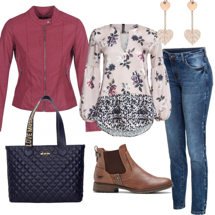 Outfit donna - Trendy #22315. Stile Trendy per Tutti i giorni. Abbinamento con jeans skinny, tuniche, stivaletti chelsea, borsa a spalla blu, giacca rosso, orecchini petite glitter in ottone.