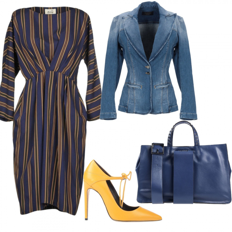 Outfit donna - Rounione di lavoro last minute. Stile Trendy per Ufficio. Abbinamento con vestito corto, borsa a mano taglia media doppio manico interno sfoderato tinta unita, giacca delavé collo con revers a maniche lunghe interno sfoderato in denim tinta unita, décolleté.