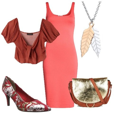Outfit donna - Bon Ton #11164. Stile Bon Ton per Ufficio. Abbinamento con blusa con nodi a pois, borsa a tracolla, vestito a tubino con spacco e spalline sottili senza maniche in in maglia aderente rosa, scarpe con tacco rosso, ciondolo in oro bianco rosa e bianco.