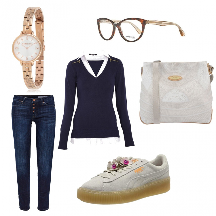 Outfit donna - Settembre. Stile Basic per Scuola/Università. Abbinamento con borsa a tracolla fantasia taglia media con zip interno foderato in pelle sintetica, maglioni, scarpe da ginnastica grigio e argento e viola, jeans, occhiali, orologio oro e bianco.