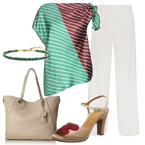 Outfit donna - Fiocco sulla manica. Stile Trendy per Ufficio. Abbinamento con top con fiocco a righe senza maniche in raso vestibilità ridotta, pantalone con bande laterali vita alta con zip tinta unita, sandali, bracciale in sterling 925 con catenina argento, borsa a spalla beige.