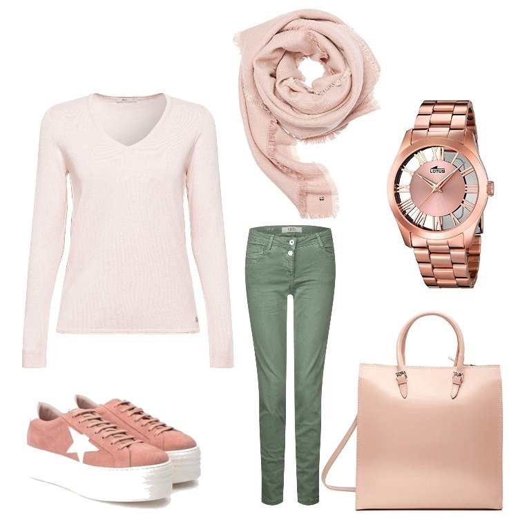 Outfit donna - Impressioni di settembre. Stile Basic per Tutti i giorni. Abbinamento con jeans, felpa rosa, sneakers con plateau e punta tonda rosa e bianco, borse a mano, sciarpa taglia unica rosa, orologio analogico con cinturino in acciaio inox oro e rosso.