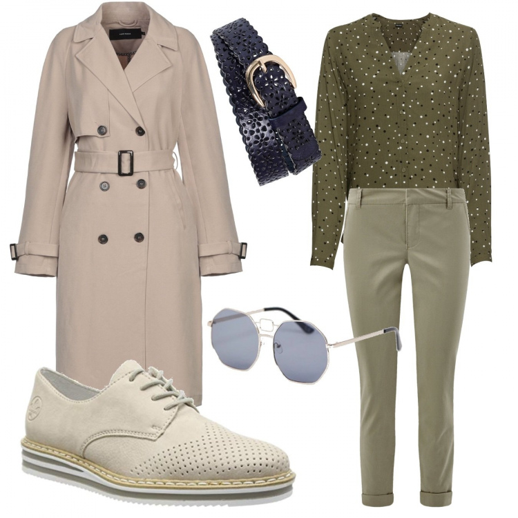 Outfit donna - Metti un sabato sera a Paris.... Stile Trendy per Serata fuori. Abbinamento con camicie, cinture, soprabito in gabardine, pantalone chino, scarpe stringate, occhiali da sole stanghette sottili in denim protezione dai raggi.