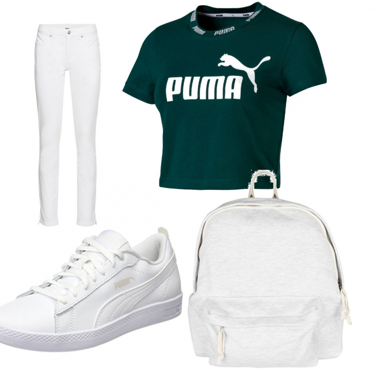 Outfit donna - Basic #14133. Stile Basic per Tutti i giorni. Abbinamento con jeans skinny, scarpe da ginnastica bianco, t-shirt con stampa e scollo a maniche corte cropped 95% cotone verde, felpa.