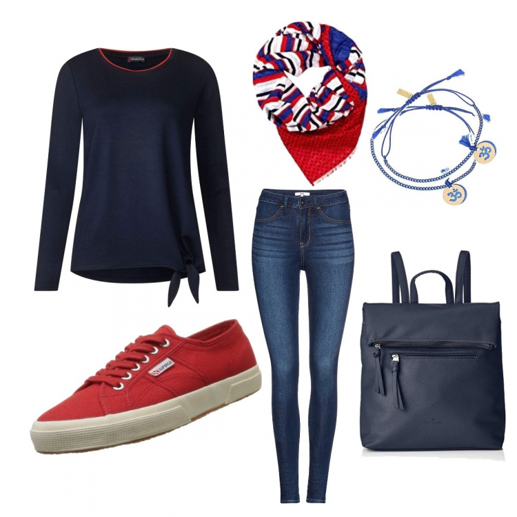 Outfit donna - September in love. Stile Basic per Tutti i giorni. Abbinamento con maglia a maniche lunghe blu, jeans skinny contrasto vita bassa con zip elasticizzato blu, zaino blu, sneakers tennis con lacci traspirante rosso, collane, sciarpa oversize con frange taglia unica rosso.