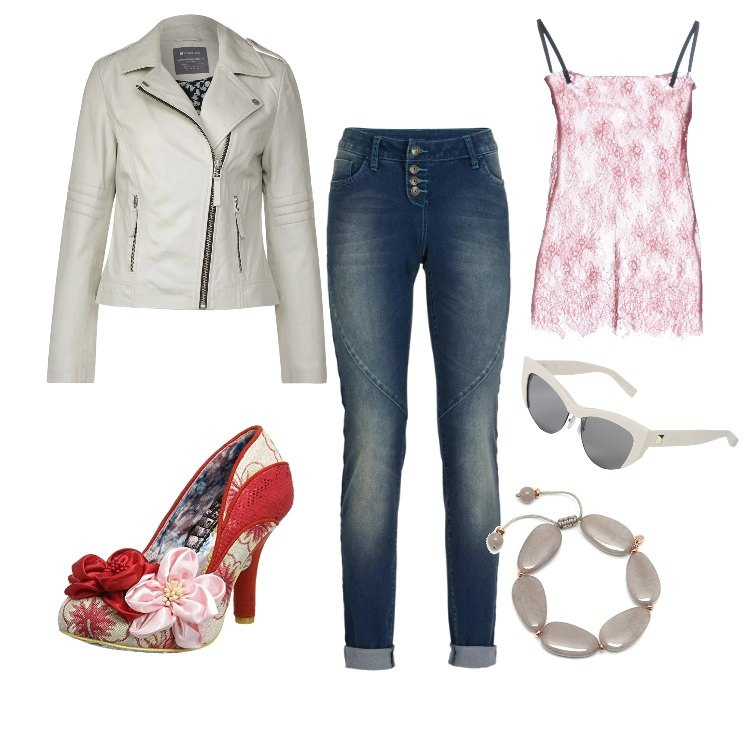 Outfit donna - Con le amiche. Stile Trendy per Serata fuori. Abbinamento con jeans boyfriend, occhiali da sole effetto acetato montatura in plastica, top, décolleté rosso, cappotto beige e grigio, braccialetti.