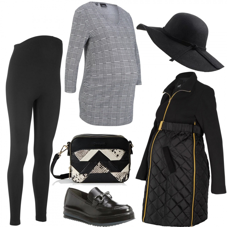 Outfit donna - Aspettando te...arriva l\'autunno. Stile Basic per Serata fuori. look ideale per Premaman. Abbinamento con leggings, maglieria, body, mocassini nero, cappelli, borsa a tracolla nero.