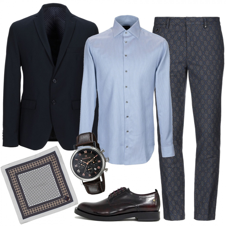 Outfit uomo - Quando l\'uomo ha stile. Stile Business/Elegante per Serata speciale. Abbinamento con pantalone fantasia geometrica con zip in flanella con gancetto, giacca, camicia a righe collo classico a maniche lunghe in cotone jacquard, foulard fantasia floreale in raso, scarpe stringate con stringhe effetto lucido con punta tonda bordeaux, orologio analogico con cinturino marrone.