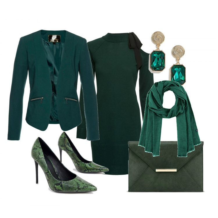 Outfit donna - Gradazioni di verde per una serata chic. Stile Chic per Serata fuori. Abbinamento con blazer, vestito con fiocco chiffon in in maglia verde, scarpe animalier con tacco spillo a punta verde, orecchini pendenti con pietra verde e oro, pochette, sciarpa melange con frange taglia unica verde.
