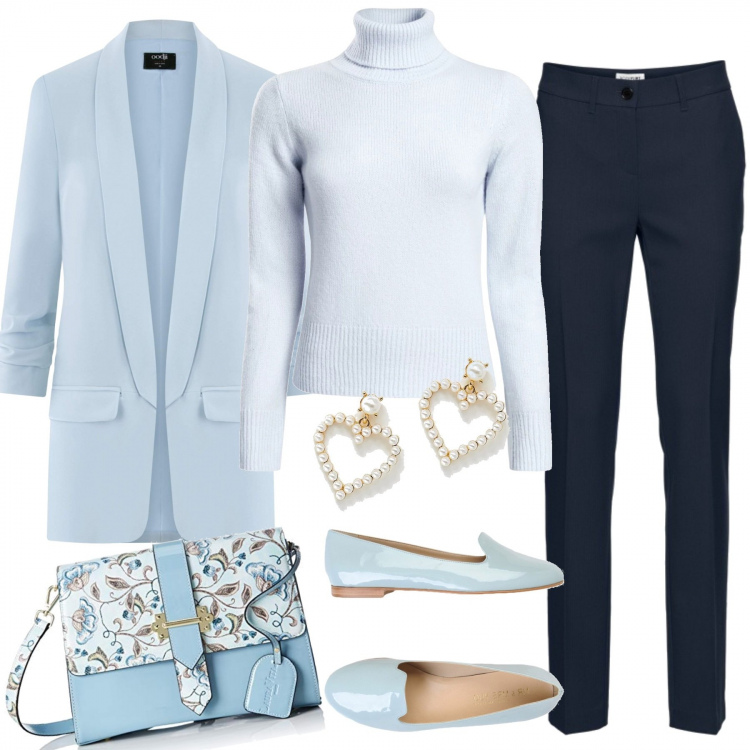 Outfit donna - Delicato celeste. Stile Basic per Ufficio. Abbinamento con pantaloni, mocassini, blazer, maglioni, borse a secchiello, orecchini pendenti farfalla oro.