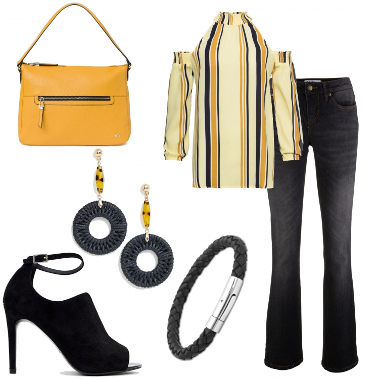 Outfit donna - Chic con il jeans nero. Stile Chic per Tutti i giorni. Abbinamento con jeans bootcut, blusa forma svasata con spalle scoperte e aperture giallo, scarpe con cinturino open toe pianta larga in denim, borsa a tracolla con zip e scomparti senape, orecchini pendenti farfalla collo aperto in denim forma intrecciata oro, braccialetti.