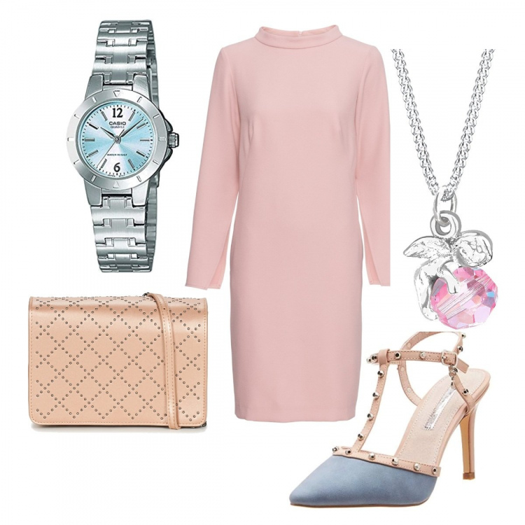 Outfit donna - Pranzo d\'affari. Stile Chic per Ufficio. Abbinamento con pantaloni, borsa a tracolla, scarpe col tacco in denim blu, orologi analogici, collane.