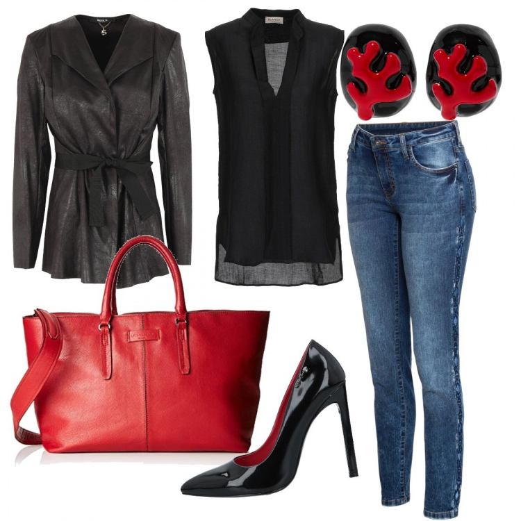 Outfit donna - Dettagli rossi. Stile Sexy per Serata fuori. Abbinamento con jeans skinny, top collo a v tinta unita, giacca effetto scamosciato collo con revers a maniche lunghe interno sfoderato tinta unita, orecchini a clip, décolleté effetto vernice a punta in pelle sintetica tinta unita, portachiavi cartella con zip rosso.