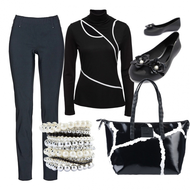 Outfit donna - Un po\' Eva Kant. Stile Chic per Tutti i giorni. Abbinamento con pantaloni, braccialetti, pullover nero, borsa a mano, ballerine con perle.