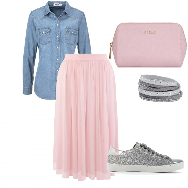 Outfit donna - Trendy glitter. Stile Trendy per Tutti i giorni. Abbinamento con camicie, braccialetti, scarpe glitter grigio, gonna midi con perline in tulle aderente rosa, beauty case.