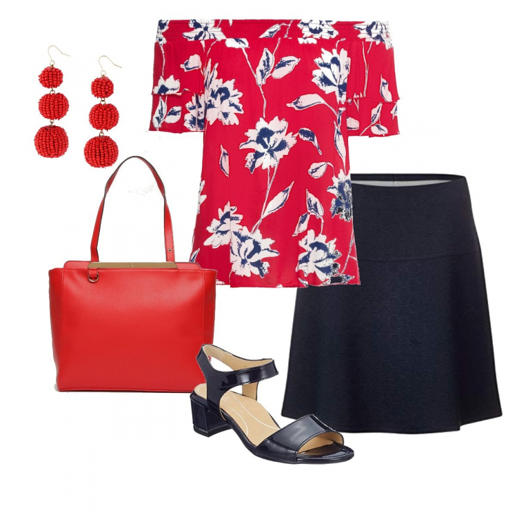 Outfit donna - Rossoblu. Stile Basic per Ufficio. Abbinamento con camicetta con spalle scoperte, orecchini a goccia rosso, gonna blu, shopping bag con taschini e zip rosso, sandali.