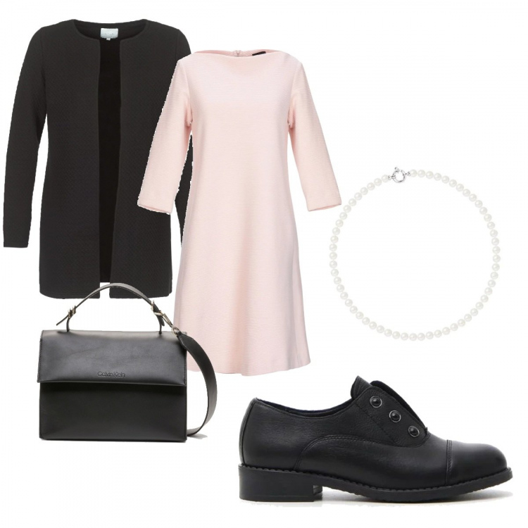 Outfit donna - Basic #14384. Stile Basic per Ufficio. Abbinamento con giacche, vestito corto a trapezio con zip interno sfoderato jacquard, mocassini, borsa a tracolla con zip nero, collier.