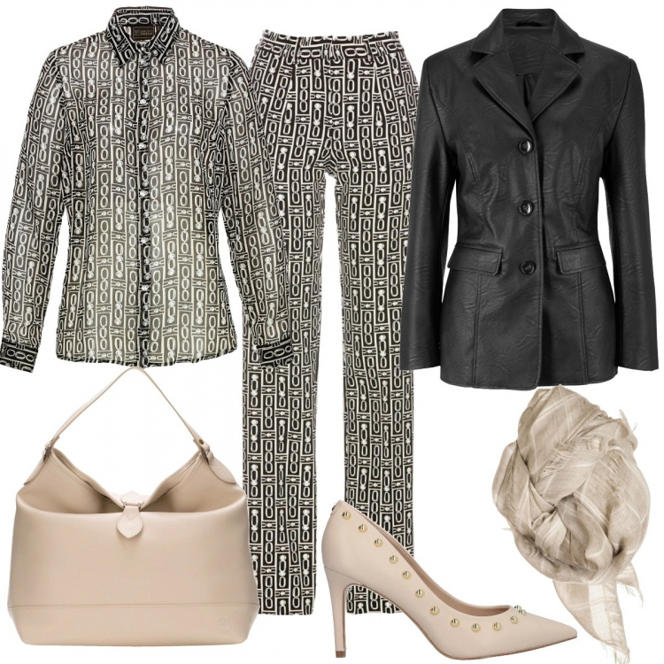 Outfit donna - Outfit chic #curvystyle. Stile Chic per Serata fuori. Abbinamento con blazer, pantalone elasticizzato nero, camicetta chiffon nero, décolleté con borchie a punta tinta unita, foulard, borsa a tracolla con zip beige.
