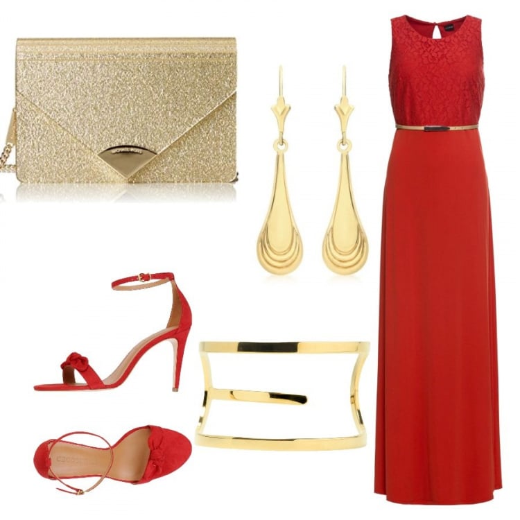 Outfit donna - Valentino low cost. Stile Bon Ton per Cerimonia. Abbinamento con sandali, bracciale in ottone, maglieria, orecchini pendenti in oro giallo 9ct, clutch effetto metallizzato con fasce in pelle.