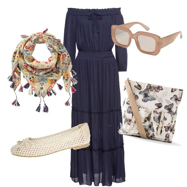 Outfit donna - Curvy boho romantica e pratica. Stile Etnico per Tutti i giorni. Abbinamento con borse a tracolla, vestito lungo, foulard, ballerine, occhiali da sole sagomati petite protezione dai raggi.