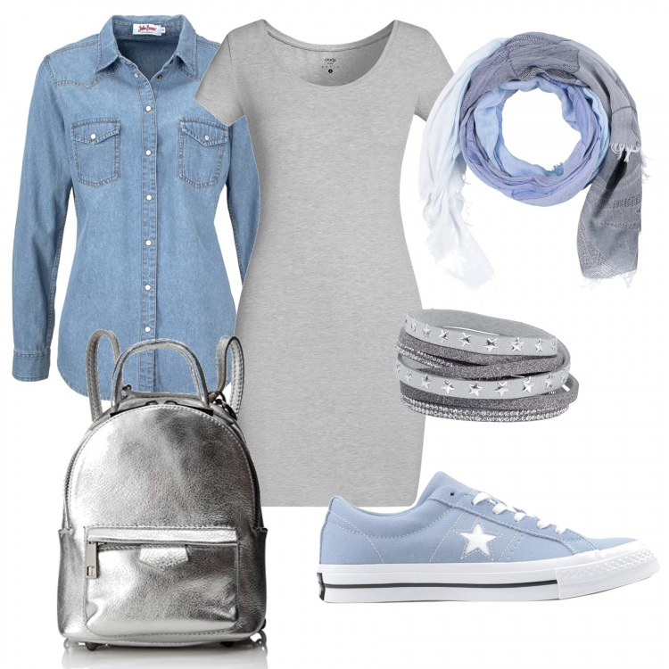 Outfit donna - Abitino grigio. Stile Basic per Scuola/Università. Abbinamento con camicie, braccialetti, sneakers, stola con frange in cotone jacquard, vestito in in maglia aderente grigio, zaino argento.