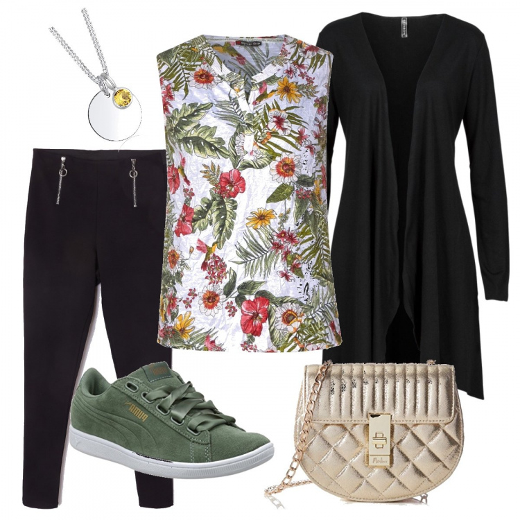 Outfit donna - Passeggiata dopo cena. Stile Basic per Tutti i giorni. Abbinamento con cardigans, pantalone skinny con zip elasticizzato nero, scarpe da ginnastica verde, vestaglie, pochette, collane.
