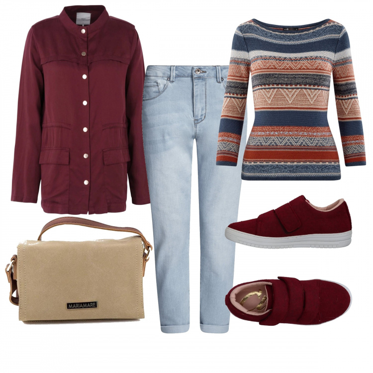 Outfit donna - Tendenze: la utility jacket (rossa). Stile Trendy per Scuola/Università. Abbinamento con sneakers tennis, giubbotto collo coreana a maniche lunghe con laccetti interno sfoderato twill, borsa a tracolla beige, maglione a righe con scollo stretto jacquard blu, jeans boyfriend.