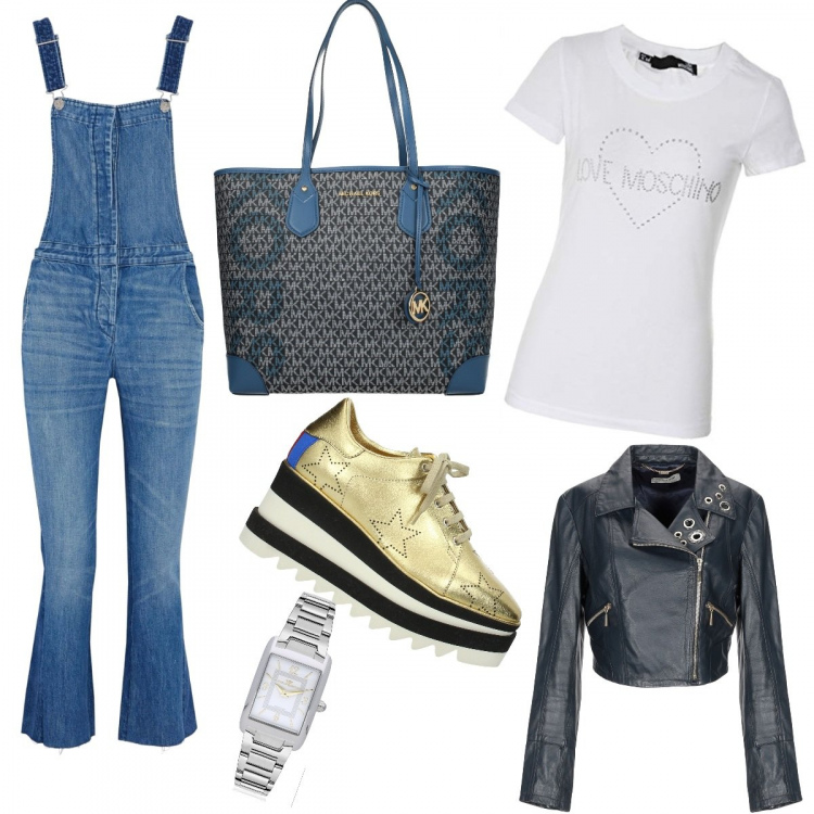 Outfit donna - Big bag. per Scuola/Università. Abbinamento con salopette, giubbotto con strass e borchie collo con revers a maniche lunghe con zip interno foderato tinta unita, scarpe derby eco oro, borsa a spalla tote con logo frontale blu, t-shirt, orologio analogico con cinturino argento.