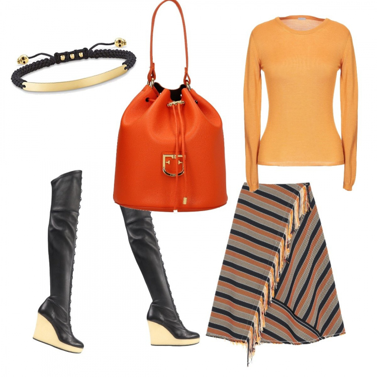 Outfit donna - Unica. Stile Trendy per Serata fuori. Abbinamento con gonna longuette senza tasche tweed con frange e zip interno sfoderato oro, stivali con zeppe e punta tonda tinta unita, pullovers, borsa a mano con logo frontale arancione, braccialetti.