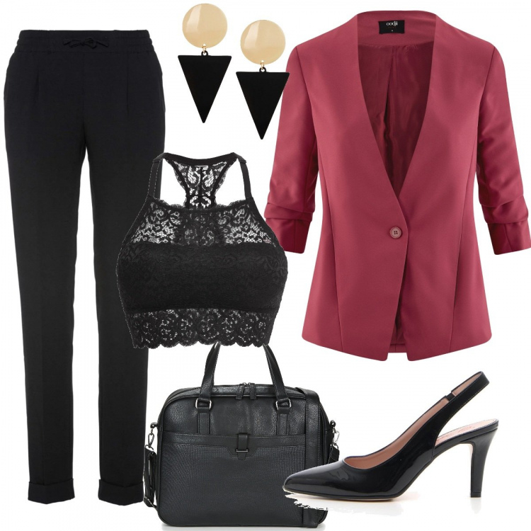 Outfit donna - Monday style pranzo aziendale. Stile Bon Ton per Ufficio. Abbinamento con reggiseni, pantaloni, orecchini, portacomputer nero, blazer aderente rosso, décolleté.