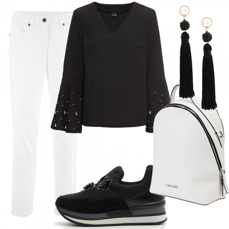 Outfit donna - Black & White for ever. Stile Basic per Tutti i giorni. Abbinamento con borsa, orecchini con strass e farfallina con nappine, pantaloni, blusa con perle e scollo nero, sneakers.